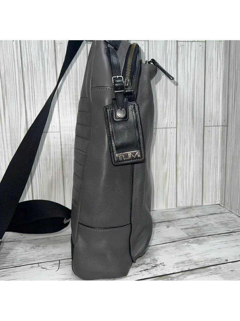 TUMI Gray Leather Sling Backpack Crossbody Bag Travel Everyday Work